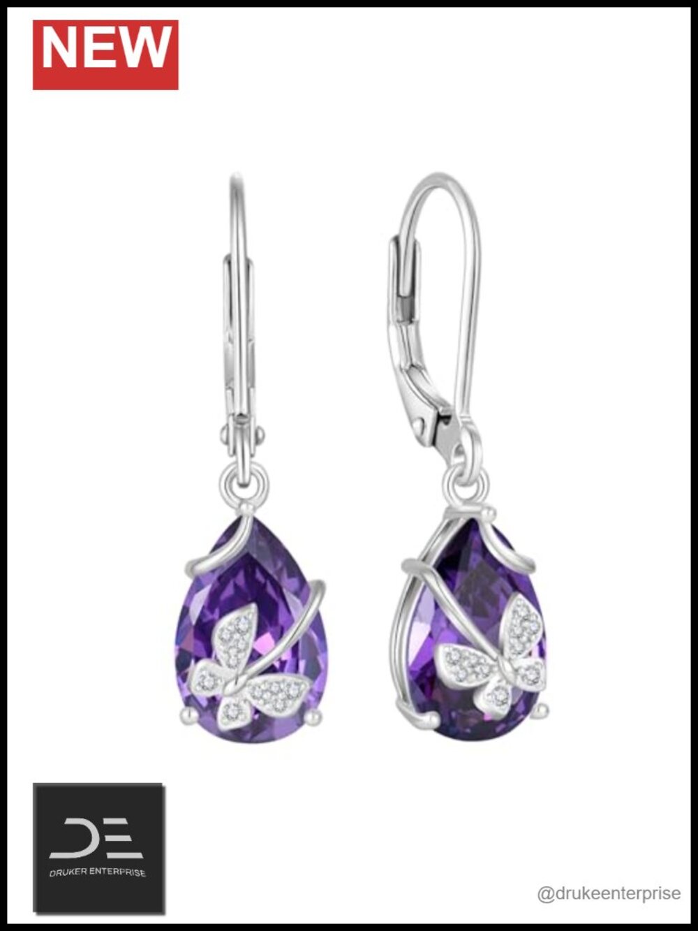 Butterfly Teardrop Leverback Earrings 925 Sterling Silver